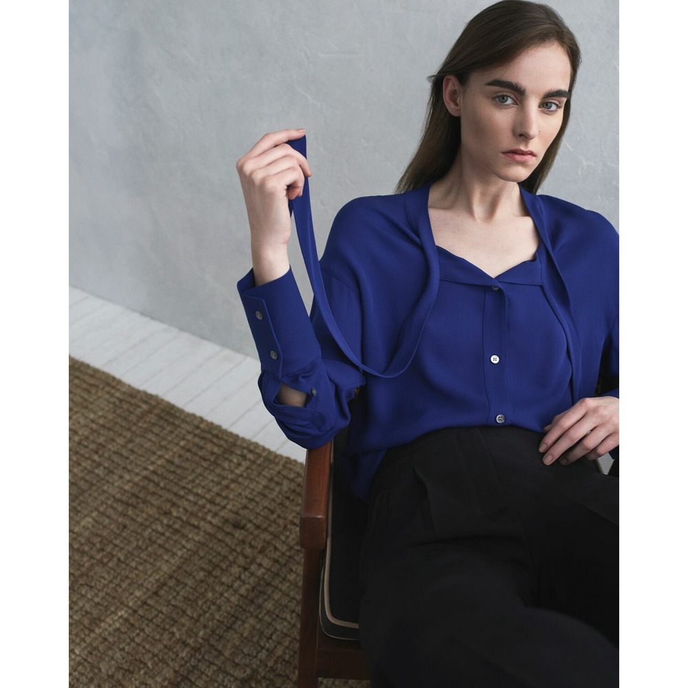 Theory Weekender Tie Neck 100% Silk Shirt Blouse Cosmic Blue Size P(XS) $325